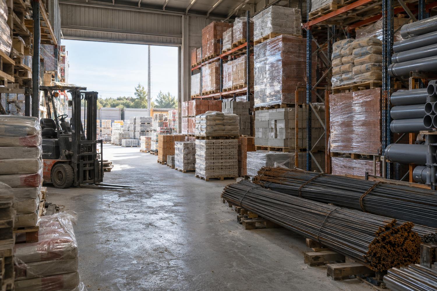 Almacén de material de construcción con palés de sacos de cemento, ladrillos, bloques, ferralla y tubos